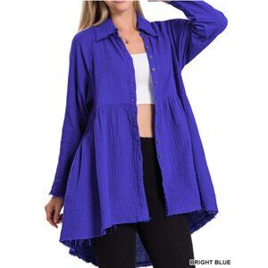 NWT ZENANA DOUBLE GAUZE RAW EDGE SHIRT WITH POCKETS